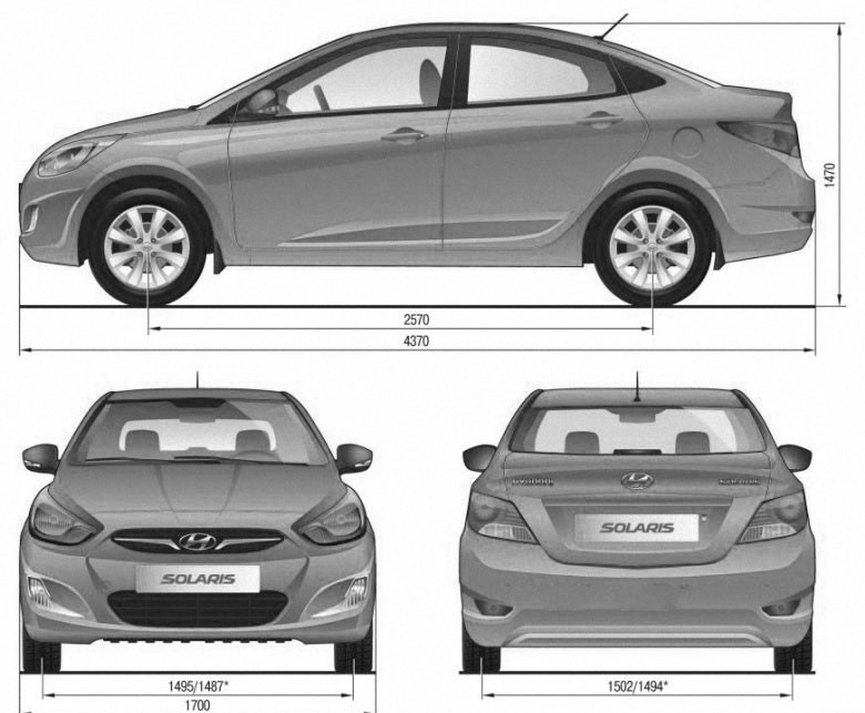 Габаритные размеры автомобиля с кузовом седан Hyundai Solaris