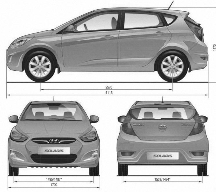 Габаритные размеры автомобиля с кузовом хэтчбек Hyundai Solaris